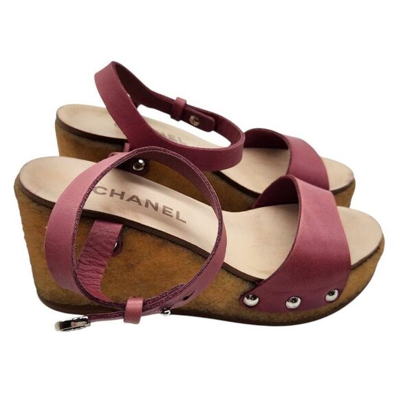 Chanel Chunky Platform Wedge Sandals 35.5 5 Ankle Strap Purple Pink Leather 70s - Picture 2 of 9